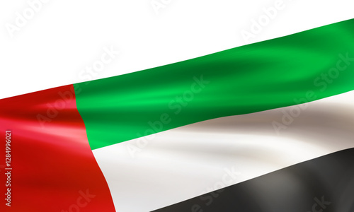 Realistic UAE flag. Wavy national flag of the United Arab Emirates isolated on white background. Patriotic symbol country for celebration National day. 3d vector illustration