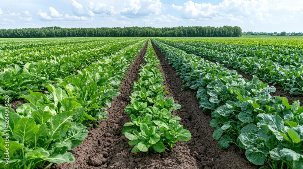 Rows of leafy greens in a field under a partly cloudy sky. Possible use stock photo of agriculture Rows of leafy greens in a field under a partly cloudy sky. Possible use stock photo of agriculture