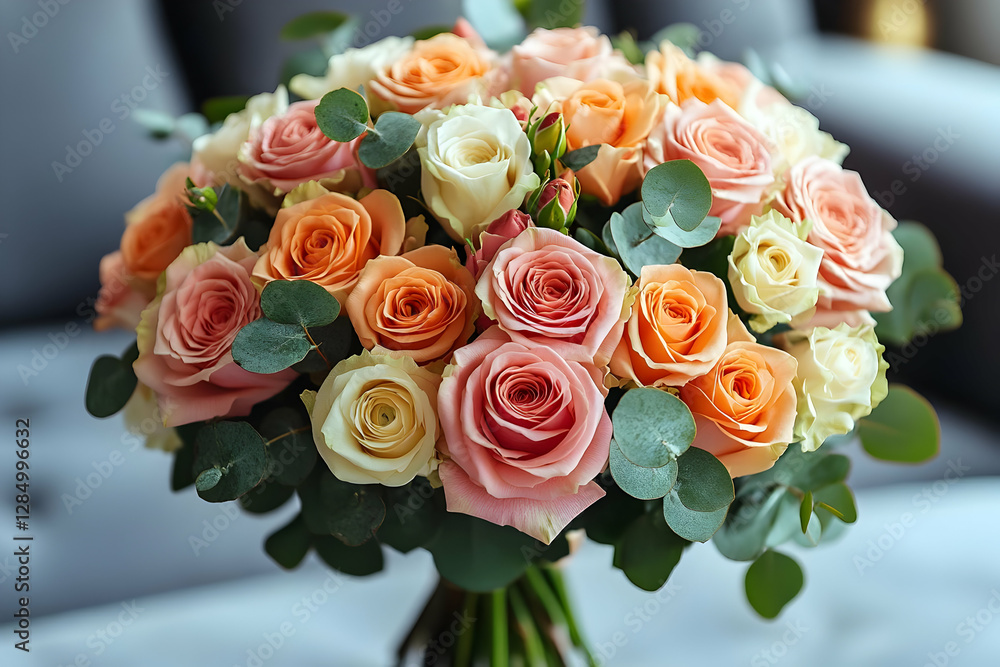 Colorful Rose Bouquet On Marble Surface
