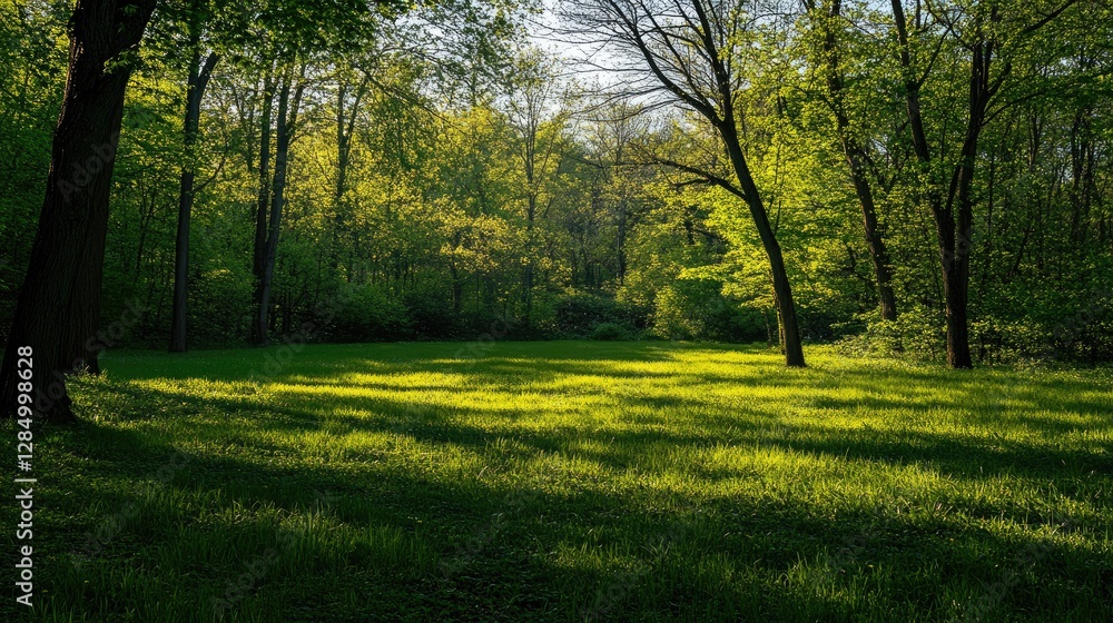 Lush greenery carpets the forest floor as sunlight filters through the leaves, creating a tranquil atmosphere of renewal and vibrant life in spring Lush greenery carpets the forest floor as sunlight filters through the leaves, creating a tranquil atmosphere of renewal and vibrant life in spring