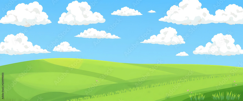 Fototapeta premium Beautiful Summer Day Green Rolling Hills Landscape Cartoon Illustration