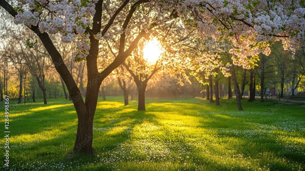 Obraz premium Immerse yourself in a tranquil spring landscape where blooming flowers and lush green grass create a refreshing atmosphere, illuminated by golden sunlight