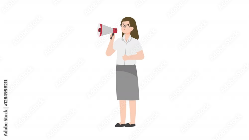 Woman standing holding megaphone cartoon animation Woman standing holding megaphone cartoon animation