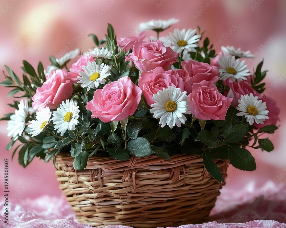 Pink Roses and White Daisies Bouquet in Woven Basket Pink Roses and White Daisies Bouquet in Woven Basket