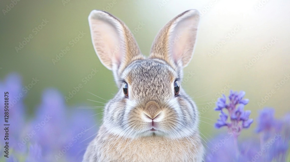 Fototapeta premium Cute rabbit in a field of purple flowers; perfect for children's books or nature themes