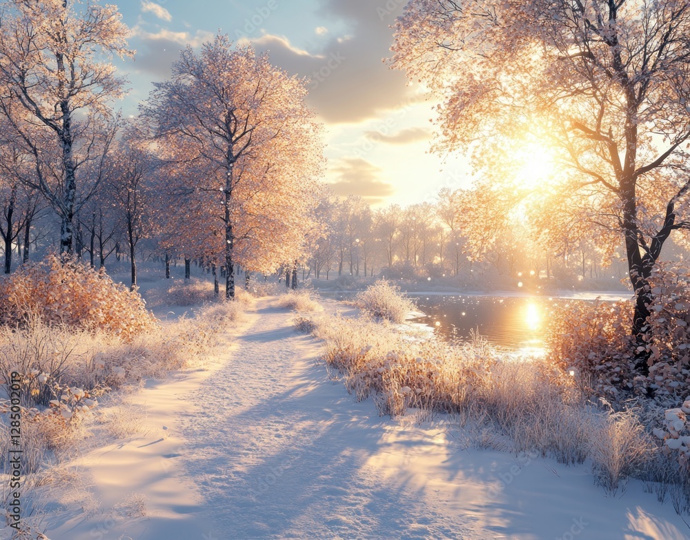 Naklejka premium Winter Frosted Landscape with Majestic Trees and Sparkling Snow Under Sunlight