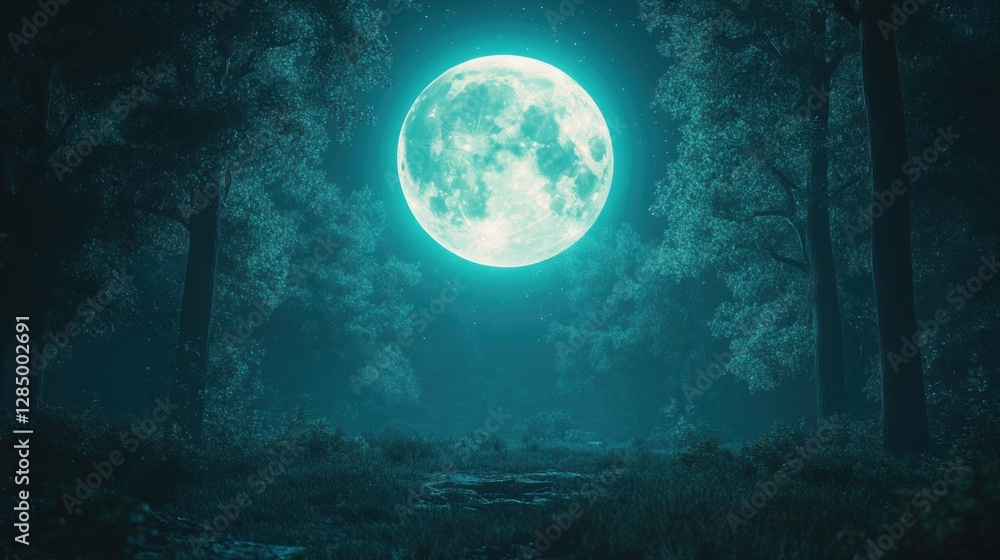 Naklejka premium Forest path, full moon, night, mystical, fantasy, background