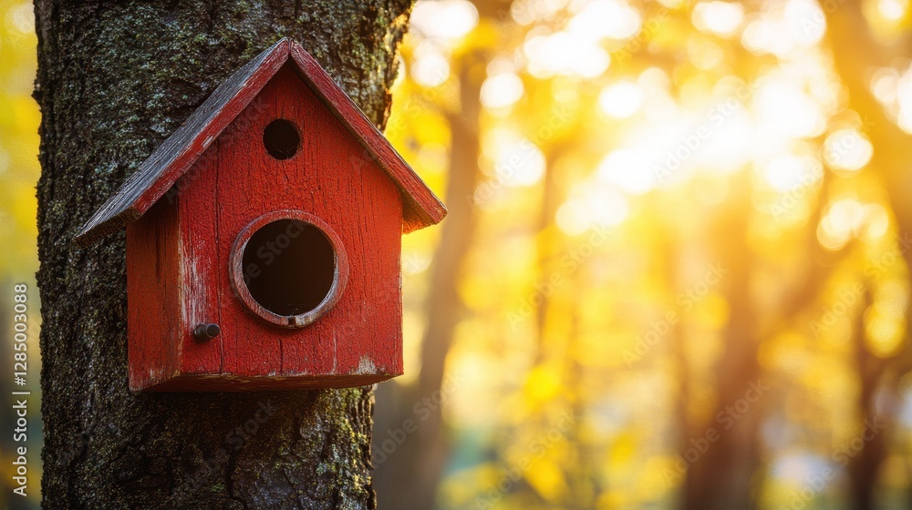 Charming Red Birdhouse Nestled on Tree with Soft Sunset Background Charming Red Birdhouse Nestled on Tree with Soft Sunset Background