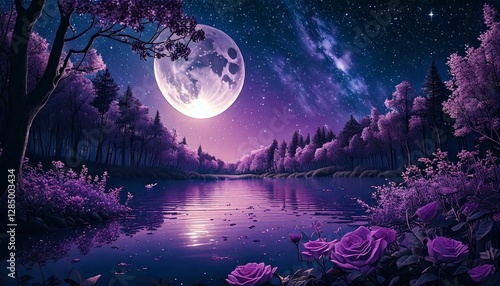 Fantasy Purple Moonlit Landscape – Dreamy Night Sky Over a Tranquil Lake