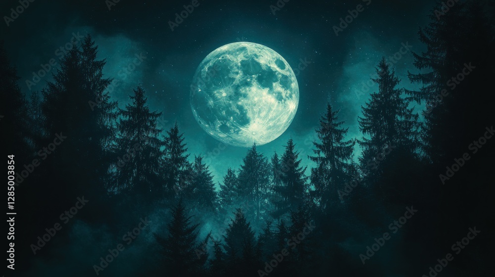Fototapeta premium Full Moon Night Forest Mystical Scene