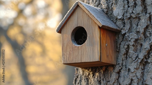 Frosty birdhouse autumn forest tree