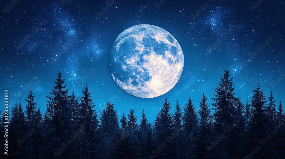 Fototapeta premium Full moon over silhouetted forest at night