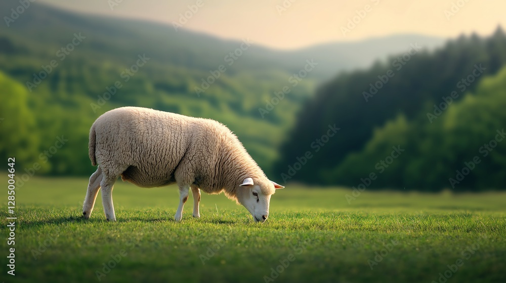 Naklejka premium A serene sheep grazes on a lush green field surrounded by rolling hills and wooded landscapes. This peaceful rural scene captures the beauty of nature and farm life.