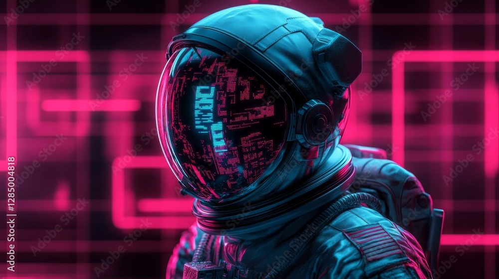 Astronaut in space suit with digital reflections displayed Astronaut in space suit with digital reflections displayed