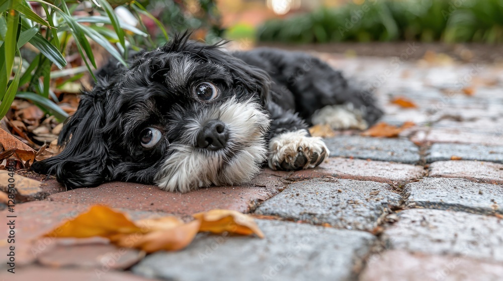 Fototapeta premium Playful Black and White Dog Lying on Colorful Cobblestone Pathway