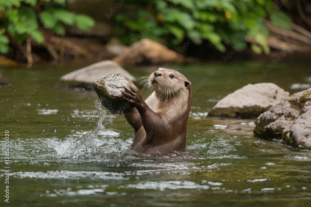 Fototapeta premium Playful, Brown Fur, Water Splashes, Upright Stance, Natural Light, Outdoor Wildlife, Focused Subject, Detailed Texture