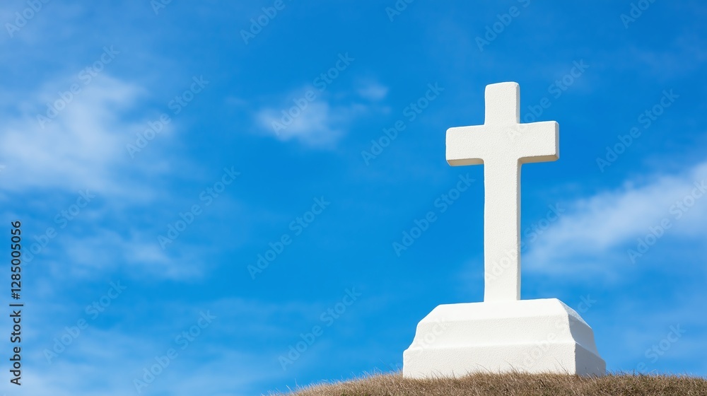 A serene white cross stands against a clear blue sky, symbolizing hope and faith. The scene evokes feelings of peace and reflection, perfect for those seeking spiritual imagery. A serene white cross stands against a clear blue sky, symbolizing hope and faith. The scene evokes feelings of peace and reflection, perfect for those seeking spiritual imagery.