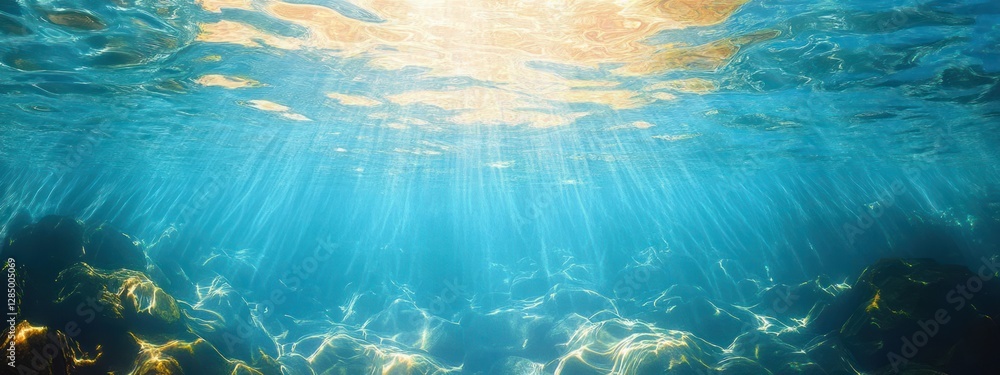 Naklejka premium Underwater Serenity Shimmering Sunlight Reflections and Ripples in Clear Blue Water for Tranquil Summer Background