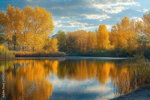 Autumn Landscape with Peaceful Lake Surrounded by Golden Trees and Reflections of Foliage and Blue Sky