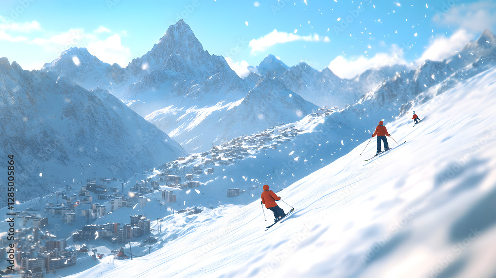 Skiers Enjoying the Spectacular Panorama of the French Alps Skiers Enjoying the Spectacular Panorama of the French Alps