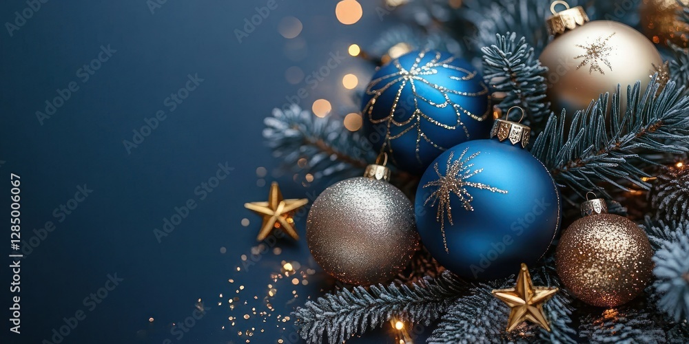 Christmas Banner with Blue and Gold Ornaments Pine Branches and Shimmering Lights Christmas Banner with Blue and Gold Ornaments Pine Branches and Shimmering Lights