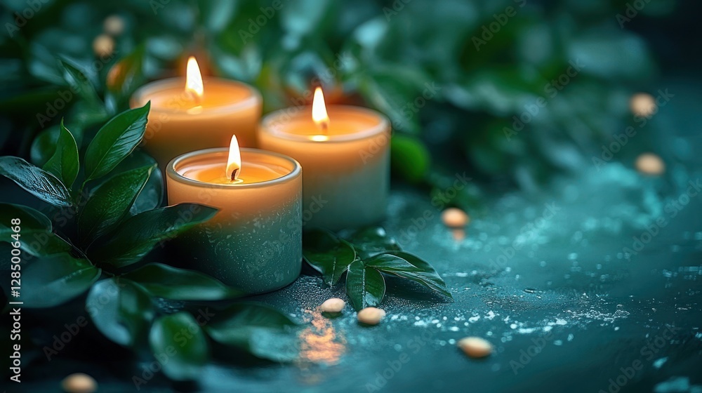 Candlelit Serenity and Green Leaves in Zen Atmosphere for Relaxation and Mindfulness Candlelit Serenity and Green Leaves in Zen Atmosphere for Relaxation and Mindfulness