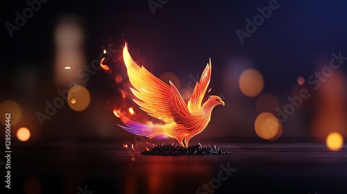 Vibrant phoenix rising from ashes, surrounded by a blurred cityscape at dusk, symbolizing rebirth
