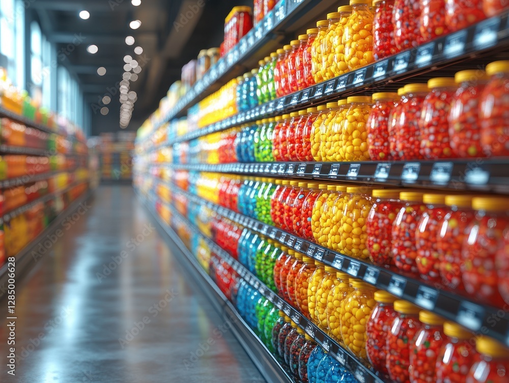 Fototapeta premium Vibrant Grocery Aisle Scene with Colorful Product Packaging and Warm Atmosphere
