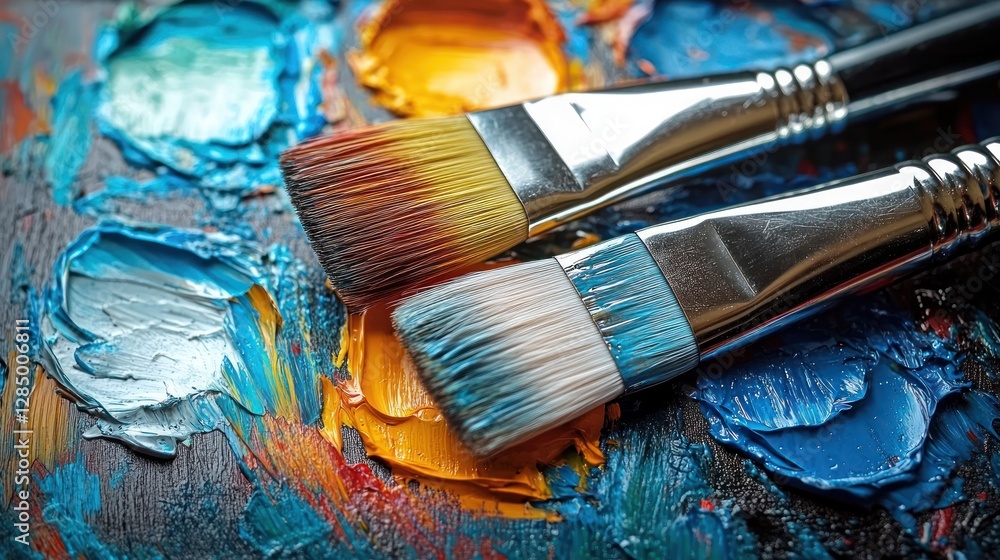 Fototapeta premium Artist Brushes on Vibrant Color Palette Textured Oil Paint Hyper-Realistic Abstract Composition