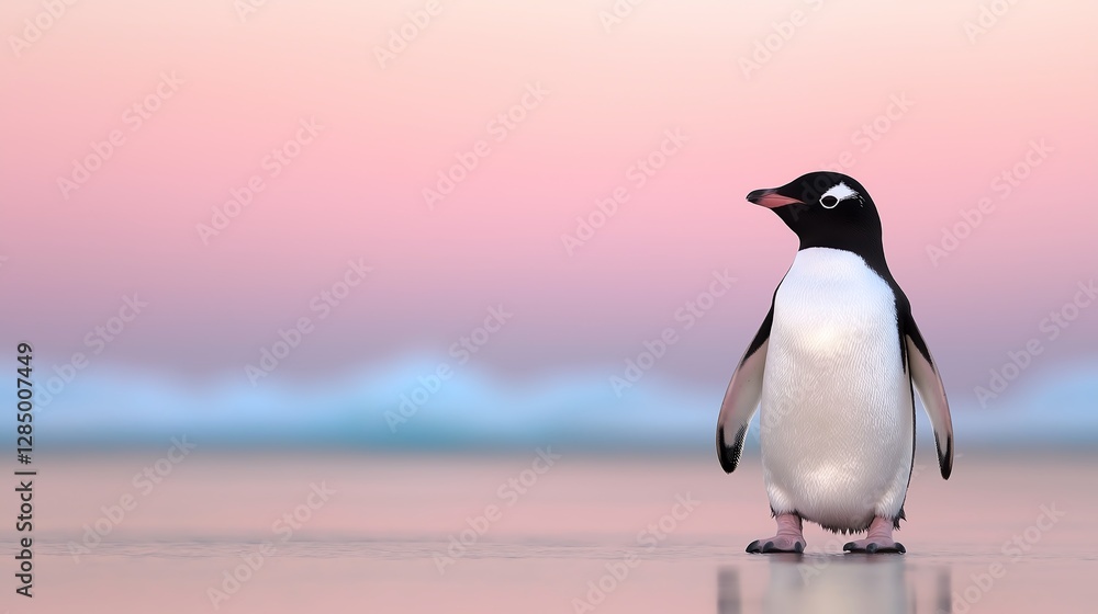 Fototapeta premium A solitary penguin stands on the beach, gazing into the soft waves, under a pastel sky at dawn