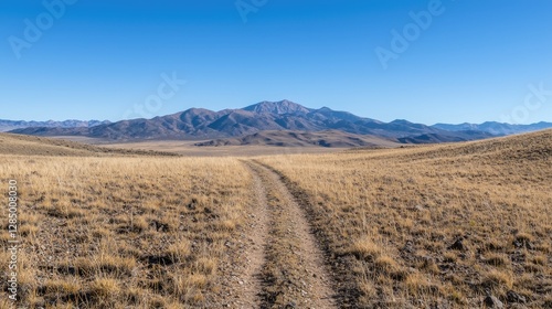 Mountain trail through arid grassland.  Vast landscape.  Possible use for nature photography
