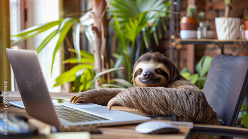 Cute sloth relaxing at his desk looking at his laptop