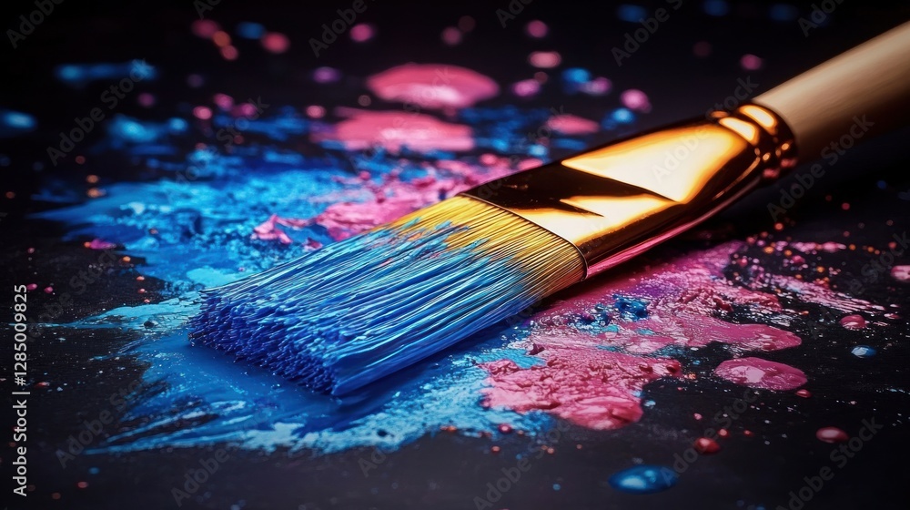 Obraz premium Colorful Paintbrush with Vibrant Paint on Dark Surface in Dreamy Atmosphere