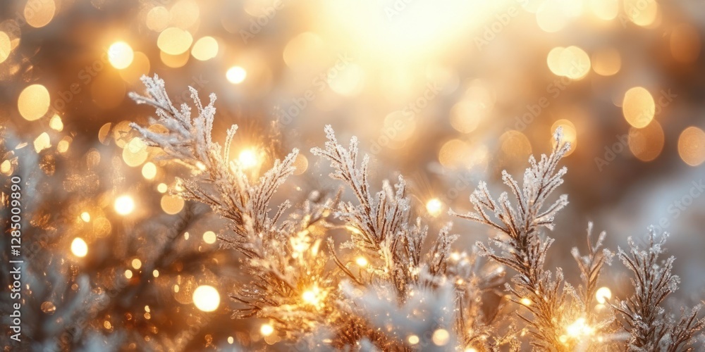Fototapeta premium Frosted Evergreen Branches Sparkling with Warm Lights Soft Golden Bokeh Winter Scene Seasonal Background