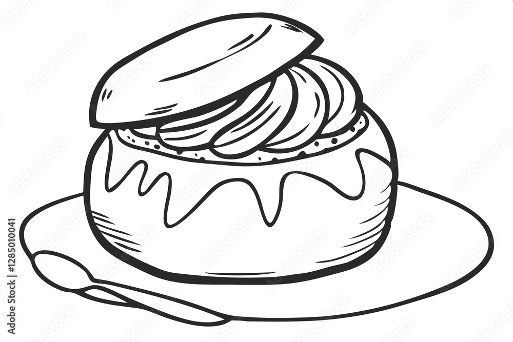 A playful black and white line art illustration of a traditional Swedish semla bun, enjoyed during Fettisdagen, also known as Shrove Tuesday, celebrated similarly to Mardi Gras in other cultures. A playful black and white line art illustration of a traditional Swedish semla bun, enjoyed during Fettisdagen, also known as Shrove Tuesday, celebrated similarly to Mardi Gras in other cultures.