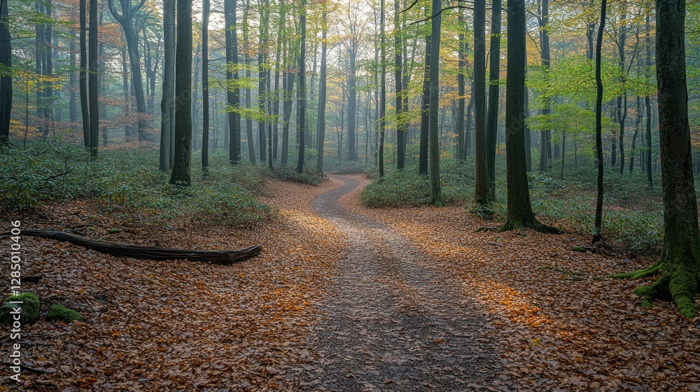 Serene path through autumnal woods, bathed in soft light and mist Serene path through autumnal woods, bathed in soft light and mist