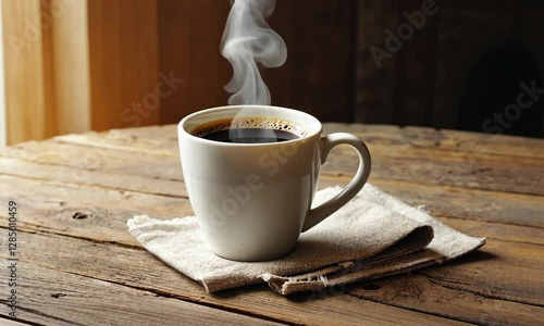 Steaming Coffee Cup on Rustic Wooden Table Relaxation and Warmth