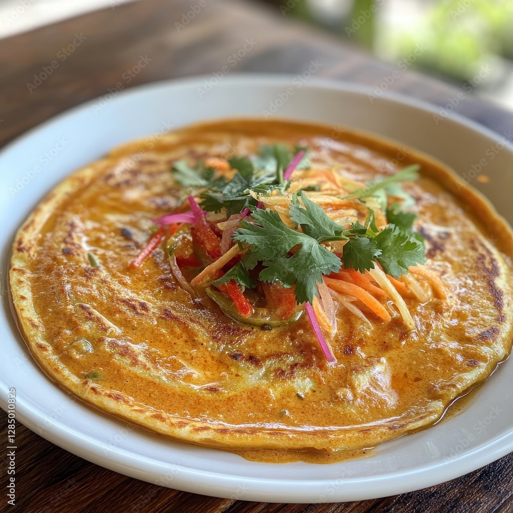 A warm, golden roti canai served with a coconut-based curry sauce and thinly sliced vegetables, garnished with fresh herbs and placed elegantly on a white plate. A warm, golden roti canai served with a coconut-based curry sauce and thinly sliced vegetables, garnished with fresh herbs and placed elegantly on a white plate.