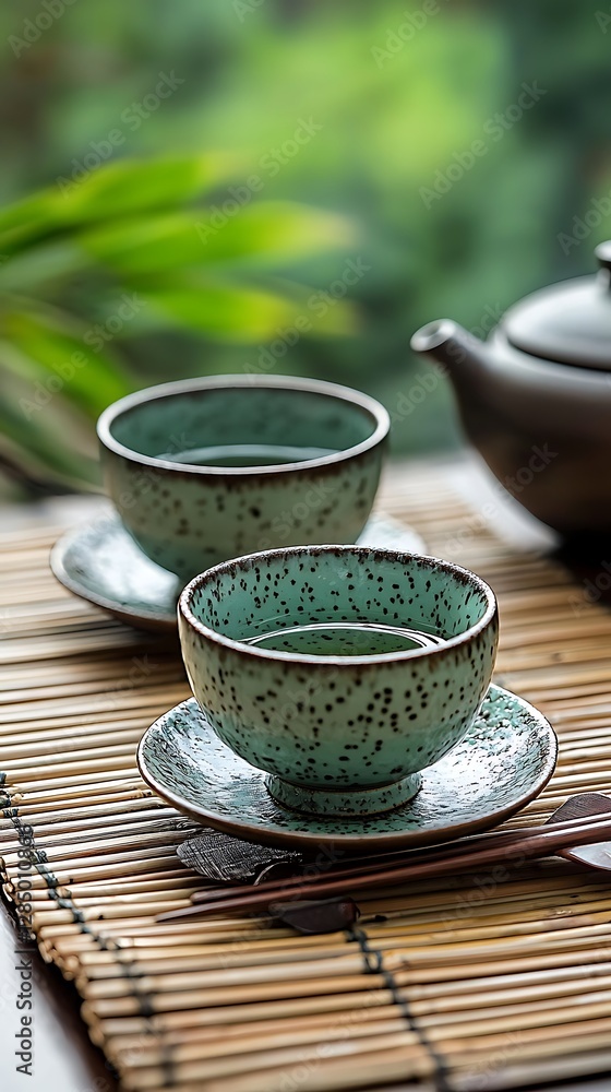 Traditional Japanese tea ceremony set featuring handmade ceramic bowls and teapots with minimalist designs placed on a bamboo mat Traditional Japanese tea ceremony set featuring handmade ceramic bowls and teapots with minimalist designs placed on a bamboo mat
