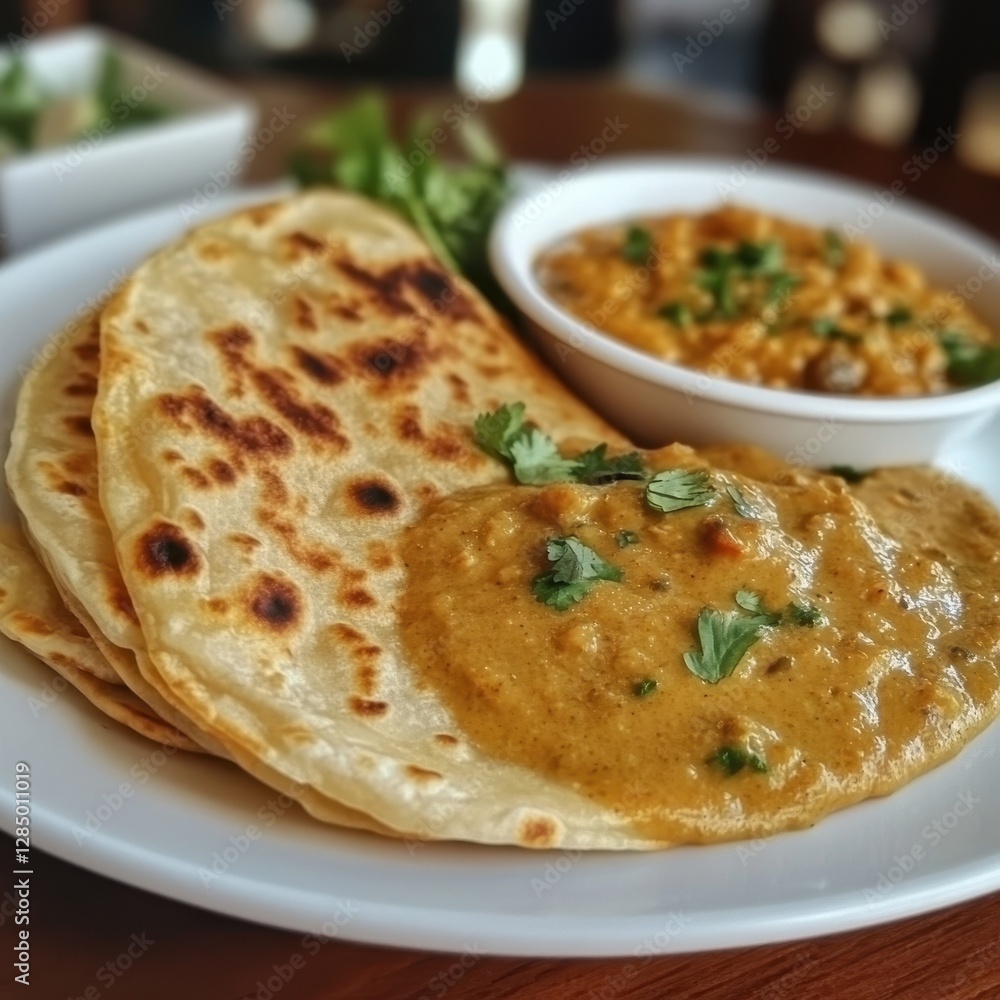 A warm roti canai folded neatly on a white plate, accompanied by a generous serving of dhal curry, garnished with a sprinkle of fresh cilantro. A warm roti canai folded neatly on a white plate, accompanied by a generous serving of dhal curry, garnished with a sprinkle of fresh cilantro.