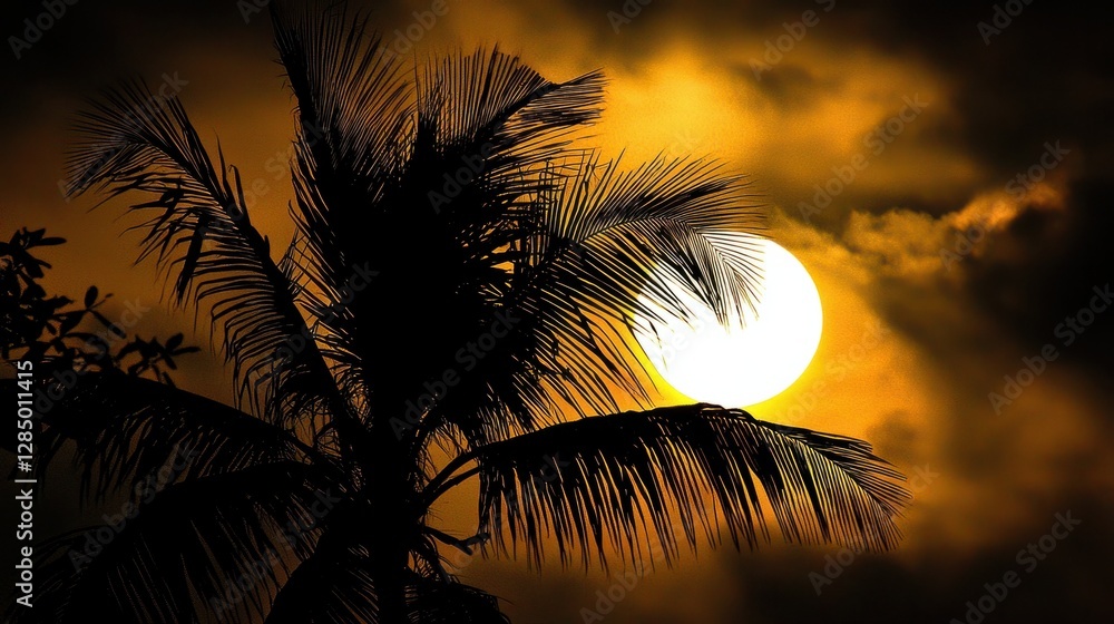 Obraz premium Silhouette of a Palm Tree Against a Dramatic Sunset Sky