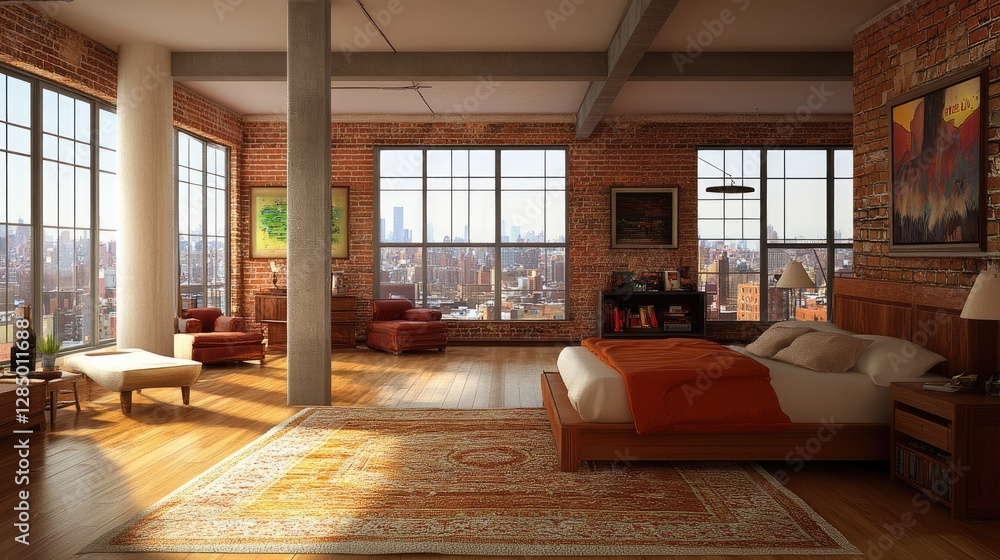 Bright bedroom near a relaxation nook, seamlessly connecting to a modern open-floor living space. Bright bedroom near a relaxation nook, seamlessly connecting to a modern open-floor living space.