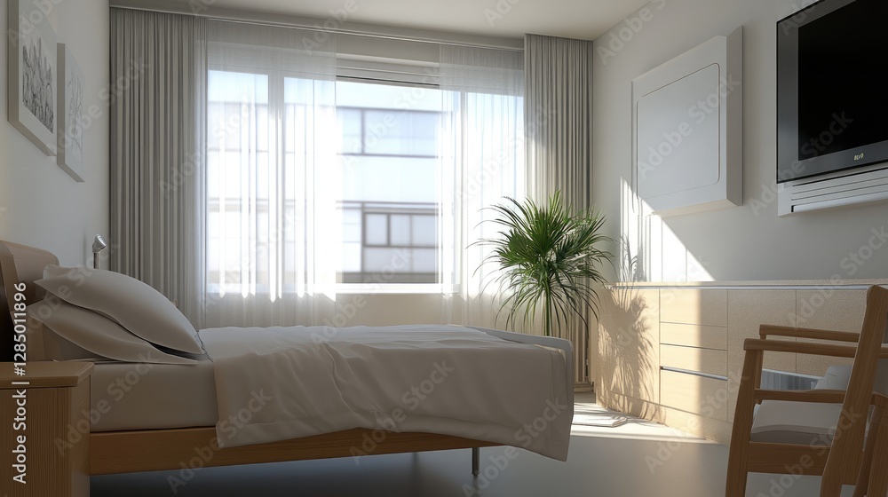 Fototapeta premium Comfortable and inviting bedroom with a thoughtfully designed bed, ensuring elderly mobility.