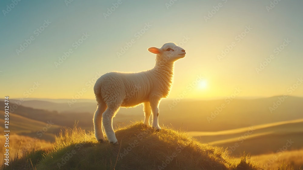 Fototapeta premium Lone lamb standing on grassy hillock at golden hour with sun setting in the background casting a warm glow over rolling hills
