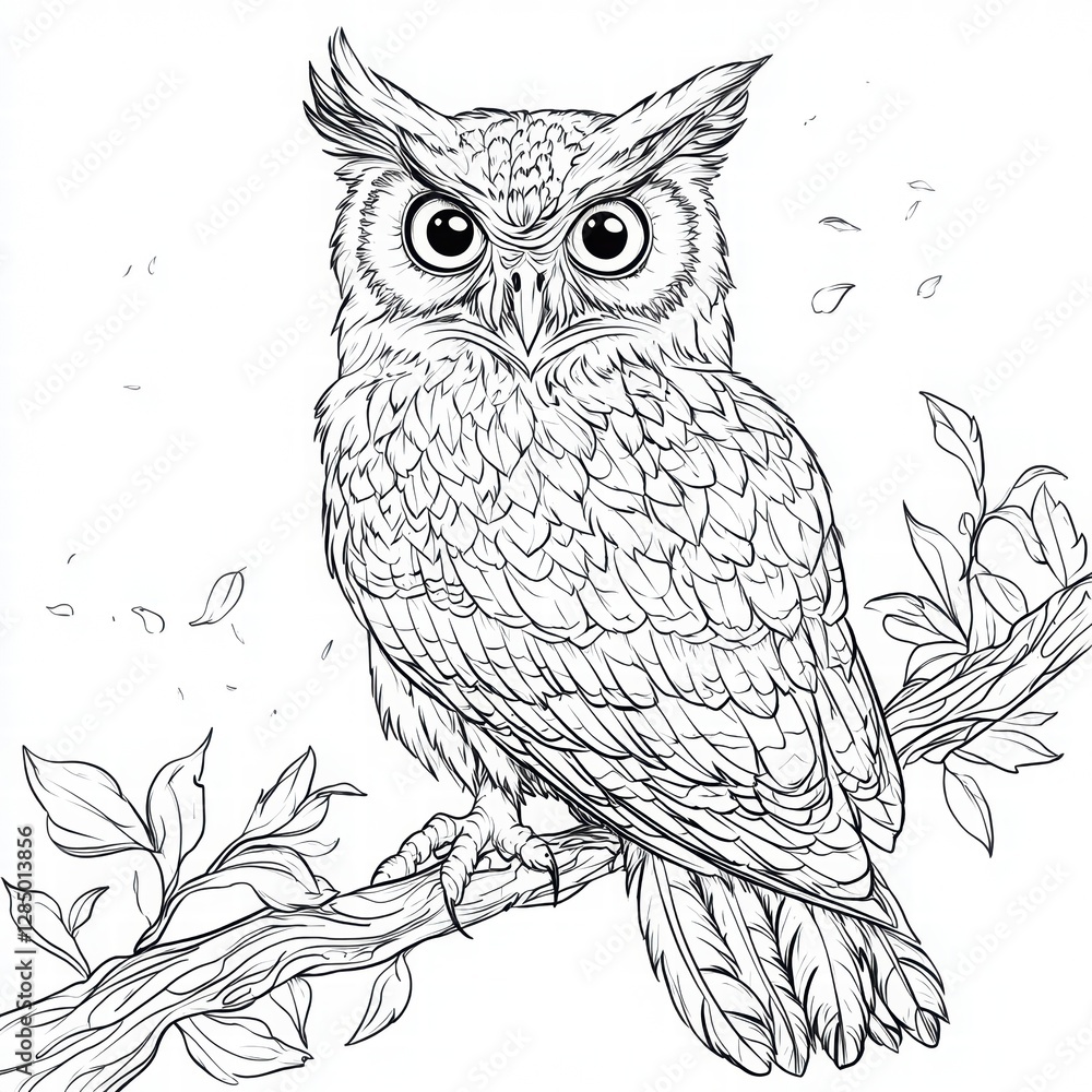 Fototapeta premium Detailed Line Art of Owl Perched on Branch with Leaves