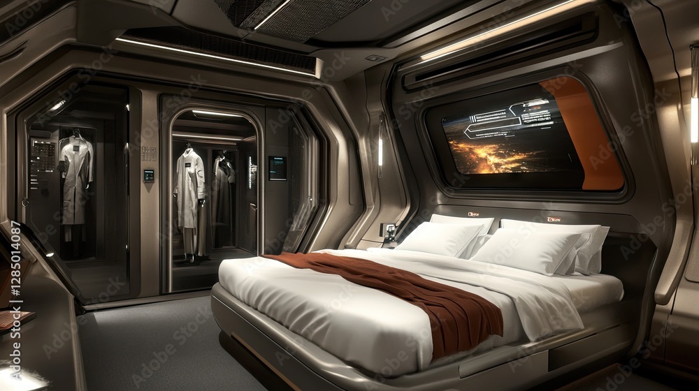 Fototapeta premium Functional bedroom connected to a smart home system, with automated doors leading to essential house areas.
