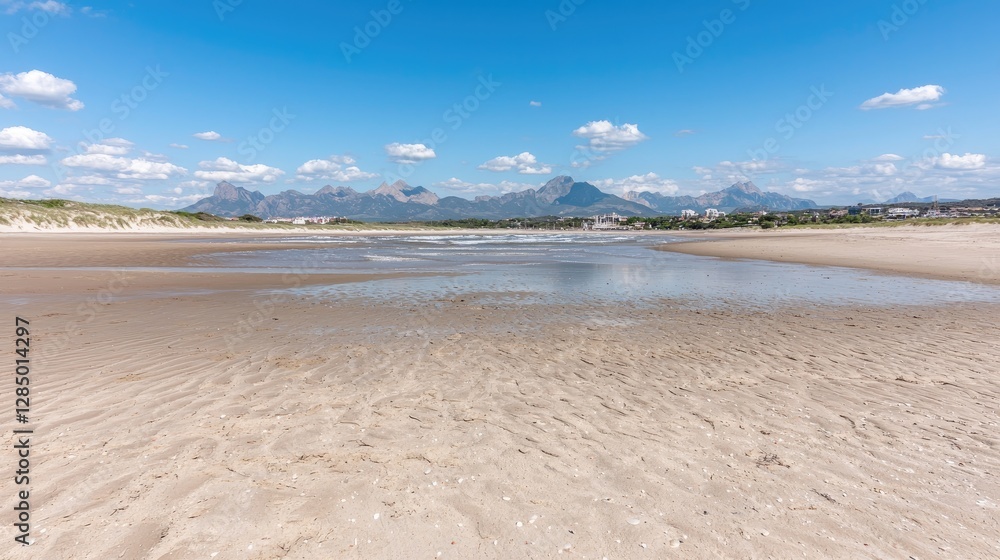 Sandy beach, mountains, and blue sky. Wide shot of a beach, calm water, and distant mountains. Perfect for travel brochures or nature websites Sandy beach, mountains, and blue sky. Wide shot of a beach, calm water, and distant mountains. Perfect for travel brochures or nature websites