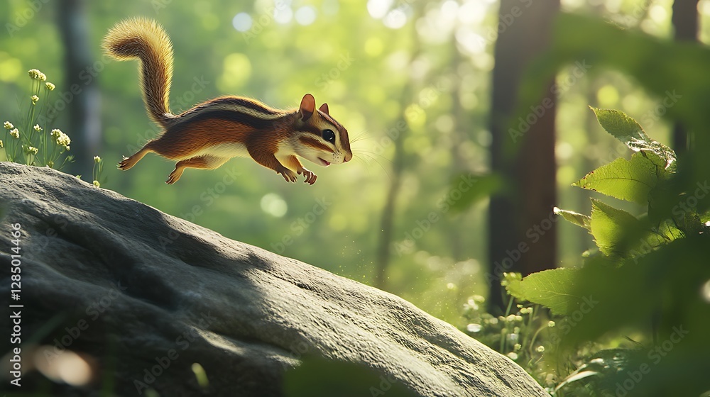 A playful chipmunk leaping over a moss-covered rock in a sunlit forest, surrounded by lush greenery and soft sunlight filtering through the trees A playful chipmunk leaping over a moss-covered rock in a sunlit forest, surrounded by lush greenery and soft sunlight filtering through the trees