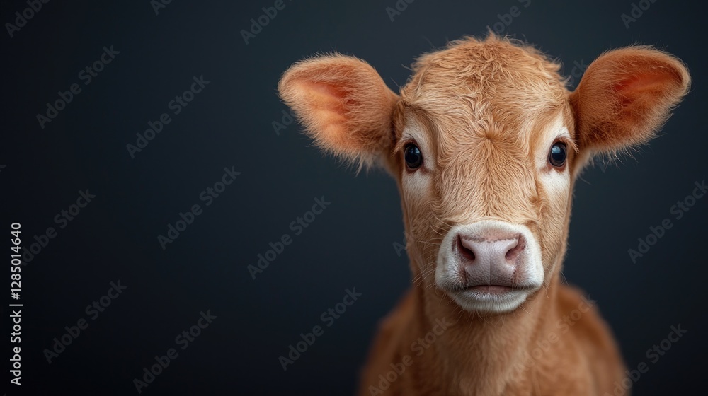 Portrait of a young calf against dark background. Potential use Stock photo for children's books, farm life, or animal welfare campaigns Portrait of a young calf against dark background. Potential use Stock photo for children's books, farm life, or animal welfare campaigns