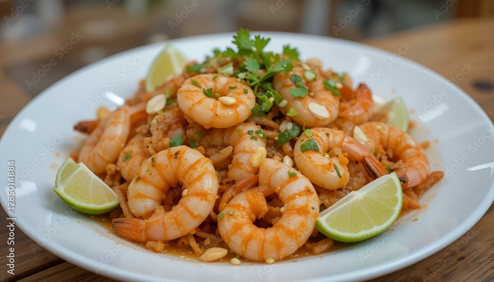 A vibrant plate of shrimp stir-fry, featuring perfectly cooked shrimp, garnished with peanuts and fresh herbs, served with lime wedges. An enticing and appetizing culinary delight. A vibrant plate of shrimp stir-fry, featuring perfectly cooked shrimp, garnished with peanuts and fresh herbs, served with lime wedges. An enticing and appetizing culinary delight.